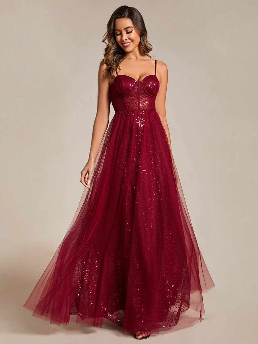 Exquisite Empire Waist Sequin A-Line Sweetheart Spaghetti Straps Bridesmaid Dress #EMEE01952