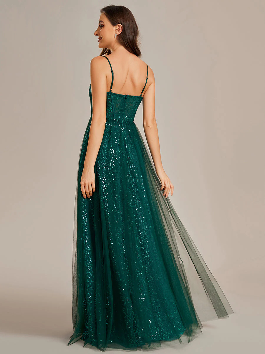 Exquisite Empire Waist Sequin A-Line Sweetheart Spaghetti Straps Bridesmaid Dress #EMEE01952
