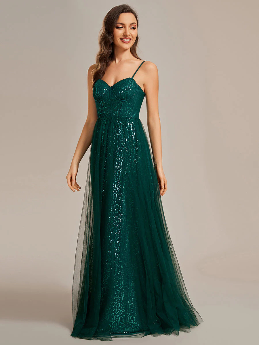 Exquisite Empire Waist Sequin A-Line Sweetheart Spaghetti Straps Bridesmaid Dress #EMEE01952