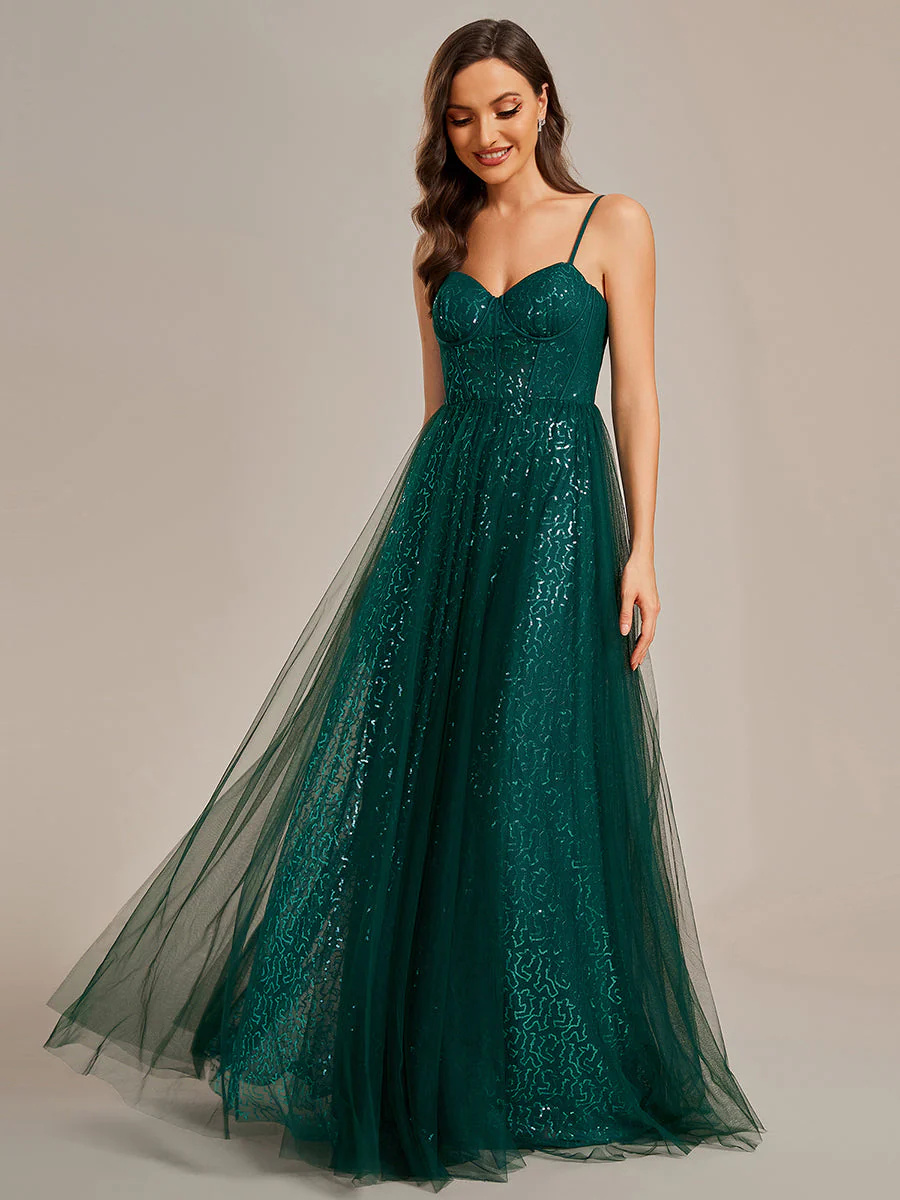 Exquisite Empire Waist Sequin A-Line Sweetheart Spaghetti Straps Bridesmaid Dress #EMEE01952