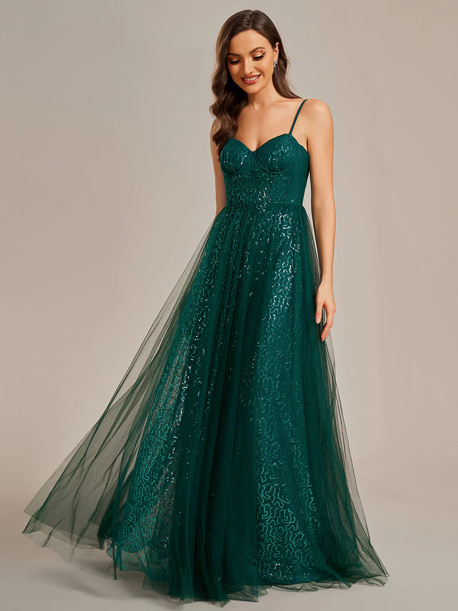 Exquisite Empire Waist Sequin A-Line Sweetheart Spaghetti Straps Bridesmaid Dress #EMEE01952