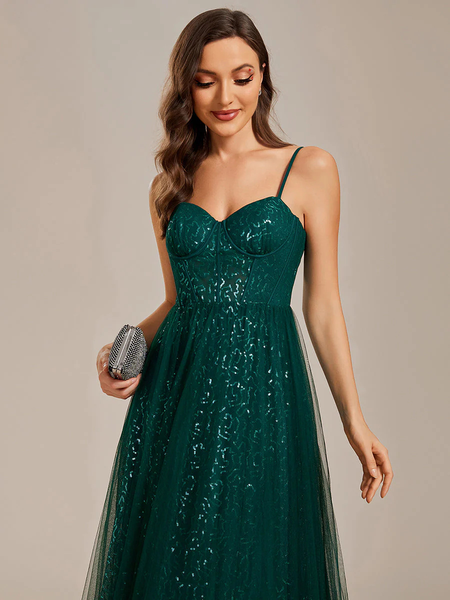 Exquisite Empire Waist Sequin A-Line Sweetheart Spaghetti Straps Bridesmaid Dress #EMEE01952