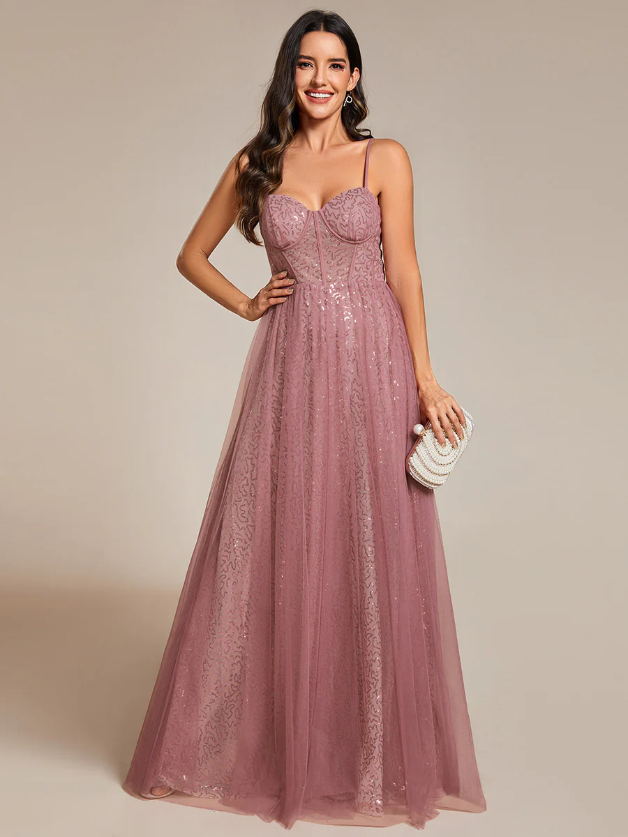 Exquisite Empire Waist Sequin A-Line Sweetheart Spaghetti Straps Bridesmaid Dress #EMEE01952