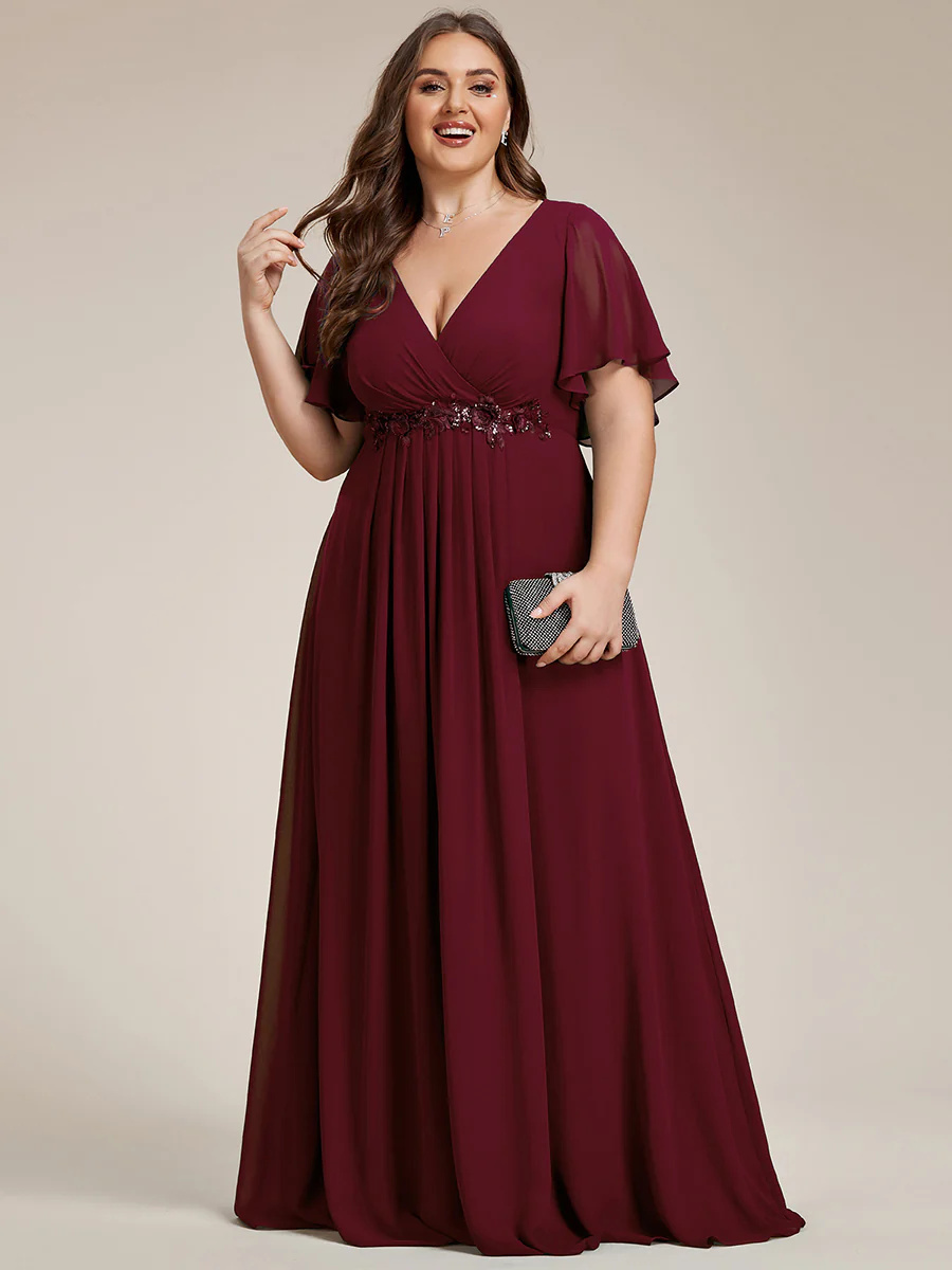 Elegant Plus V-Neck Appliques Pleated Bridesmaid Dress #EMEE01960