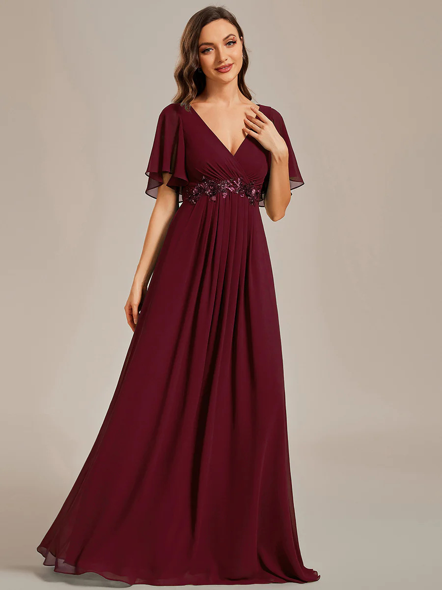 A-line V Neck Lace Appliques Pleated Bridesmaid Dress #EMEE01960