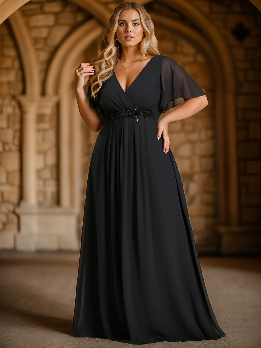 Elegant Plus V-Neck Appliques Pleated Bridesmaid Dress #EMEE01960