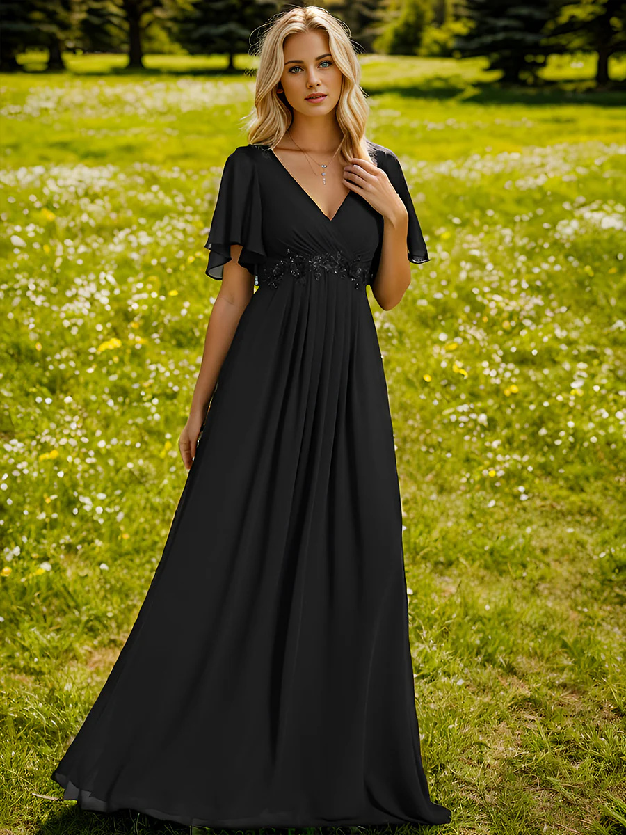 A-line V Neck Lace Appliques Pleated Bridesmaid Dress #EMEE01960
