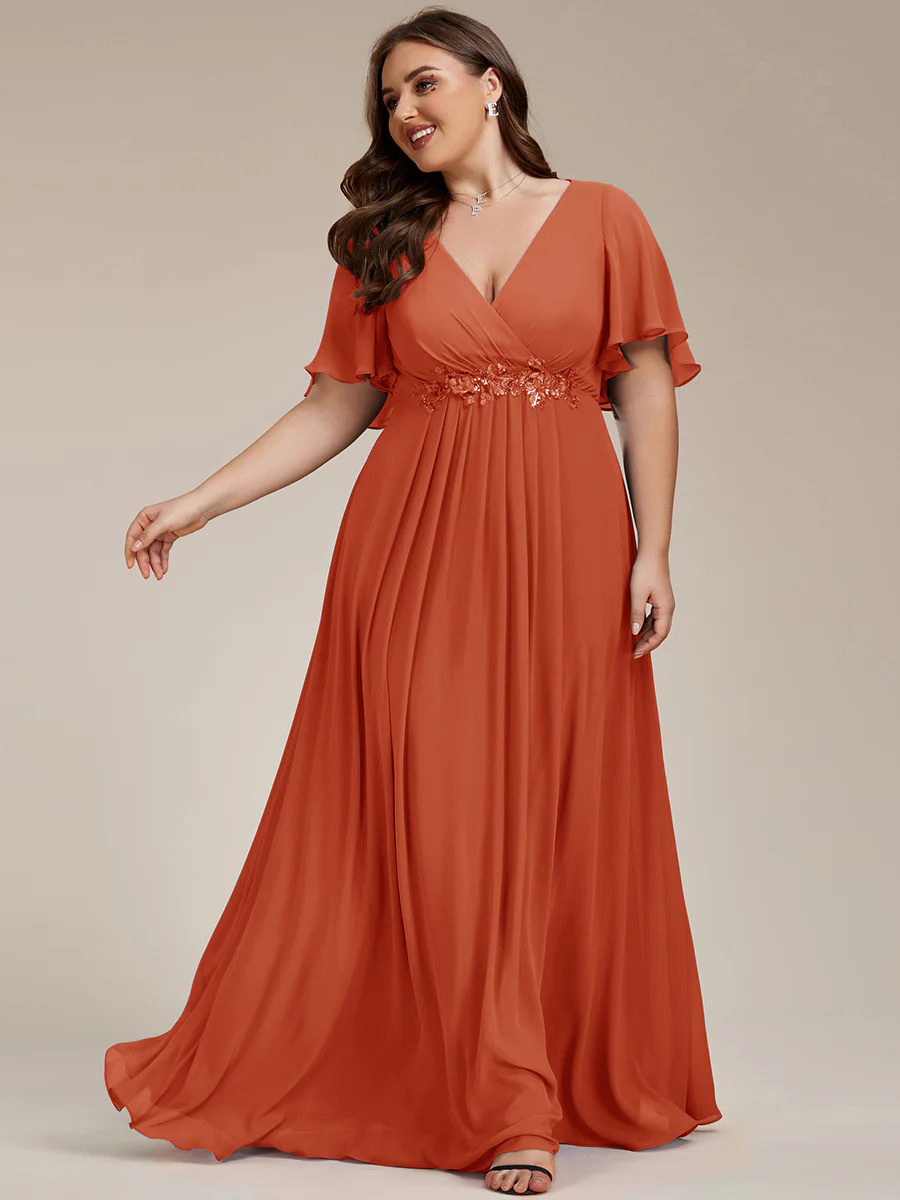 V-Neck Maxi Long Chiffon Waist Long Sleeves Bridesmaid Dress #EMEE01961