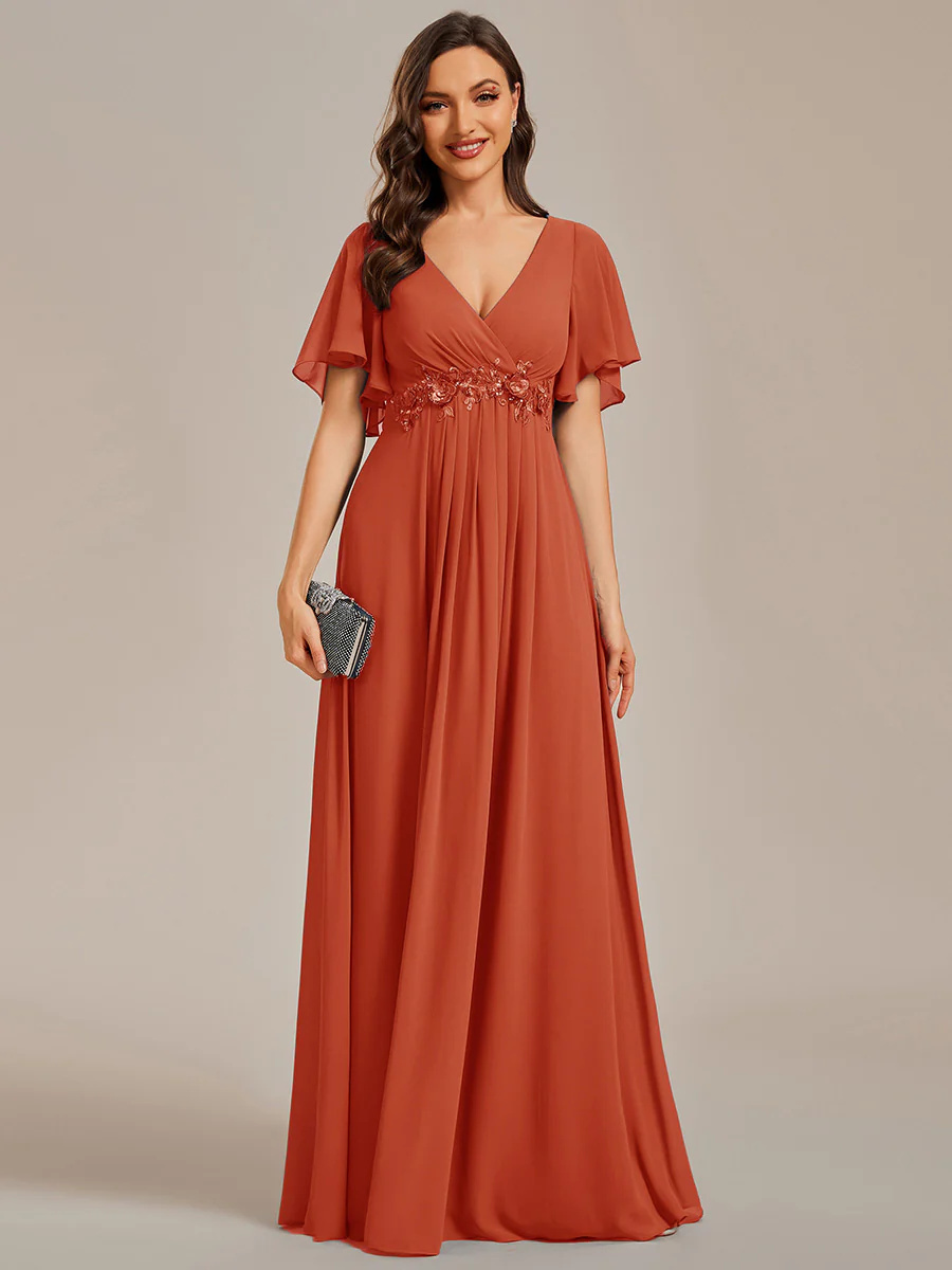 A-line V Neck Lace Appliques Pleated Bridesmaid Dress #EMEE01960