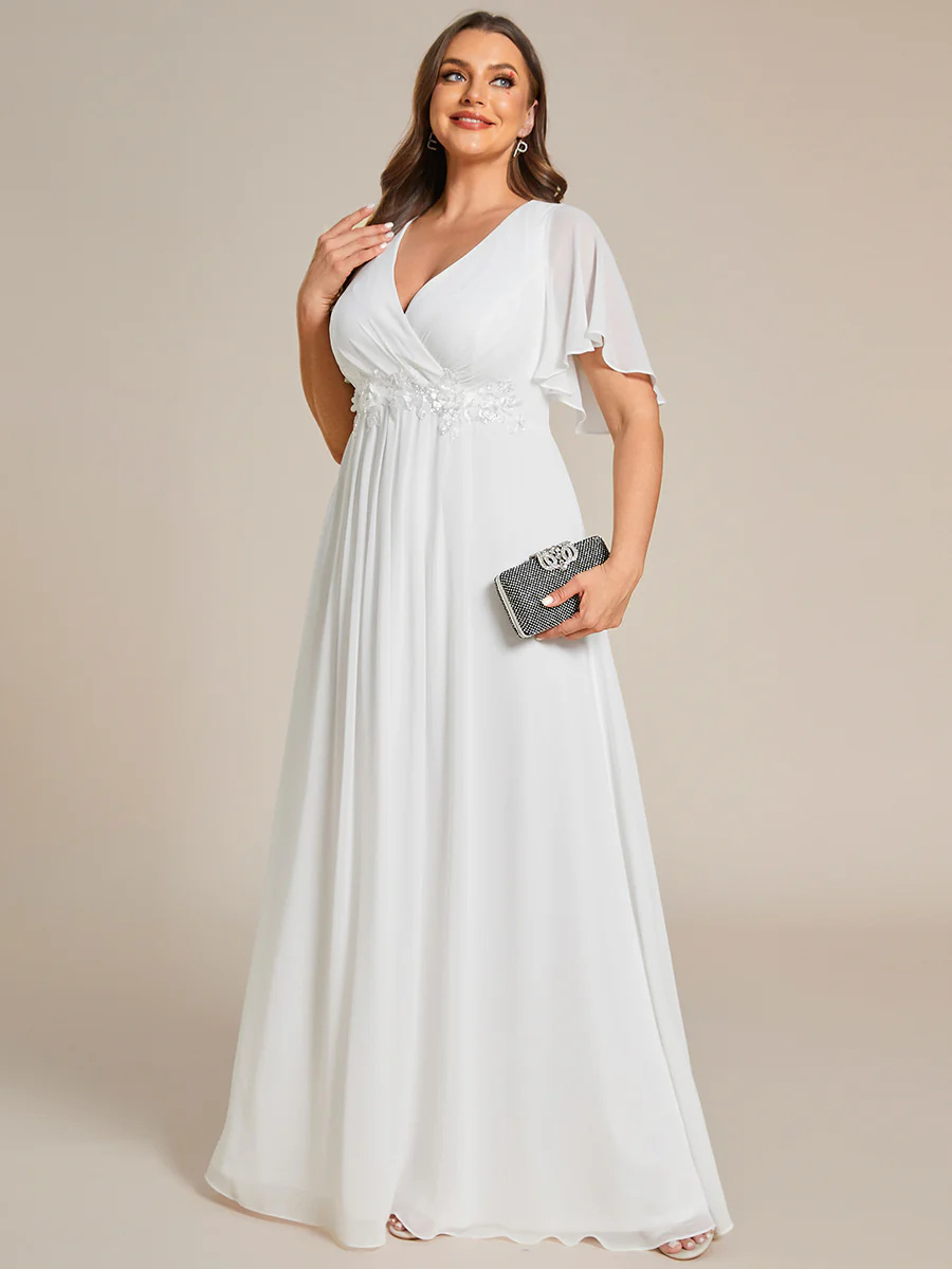 Elegant Plus V-Neck Appliques Pleated Bridesmaid Dress #EMEE01960
