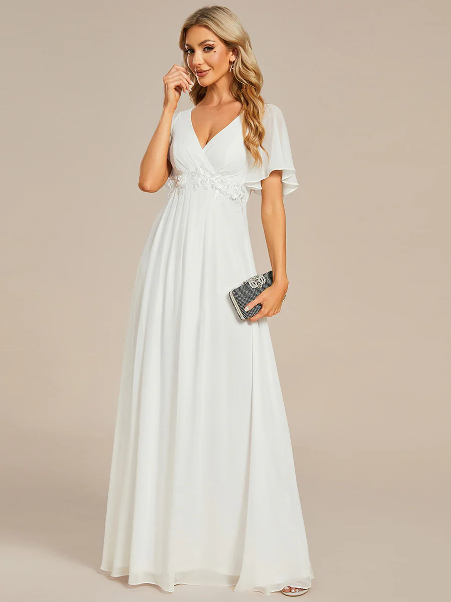 A-line V Neck Lace Appliques Pleated Bridesmaid Dress #EMEE01960