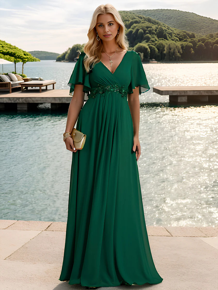 A-line V Neck Lace Appliques Pleated Bridesmaid Dress #EMEE01960