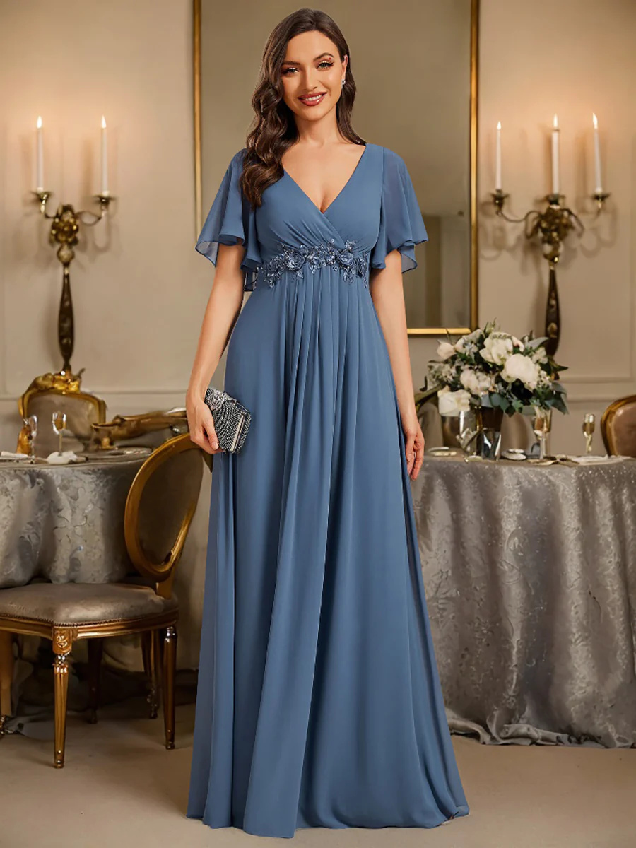 A-line V Neck Lace Appliques Pleated Bridesmaid Dress #EMEE01960