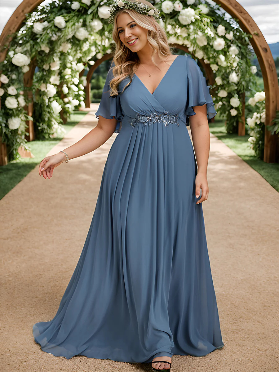 Elegant Plus V-Neck Appliques Pleated Bridesmaid Dress #EMEE01960