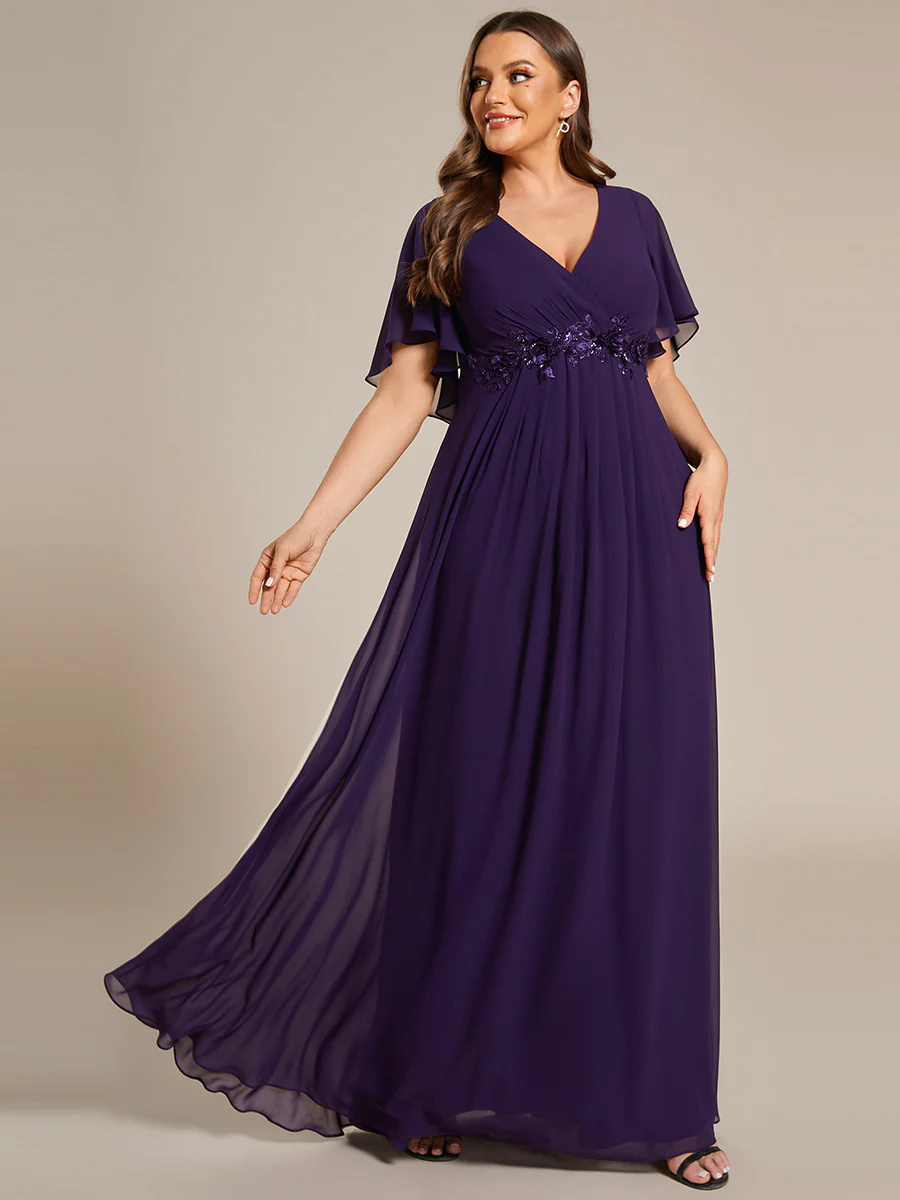 Elegant Plus V-Neck Appliques Pleated Bridesmaid Dress #EMEE01960