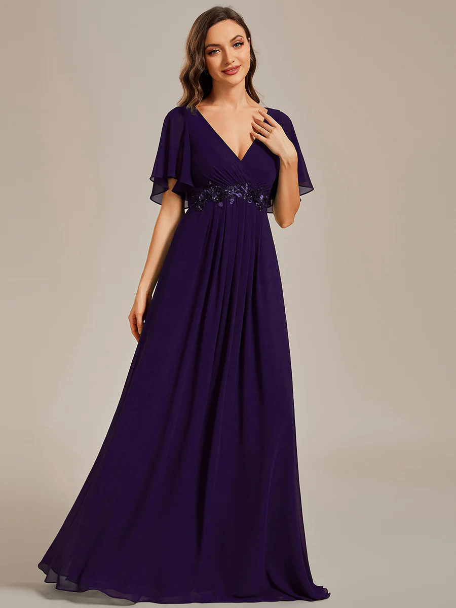 A-line V Neck Lace Appliques Pleated Bridesmaid Dress #EMEE01960
