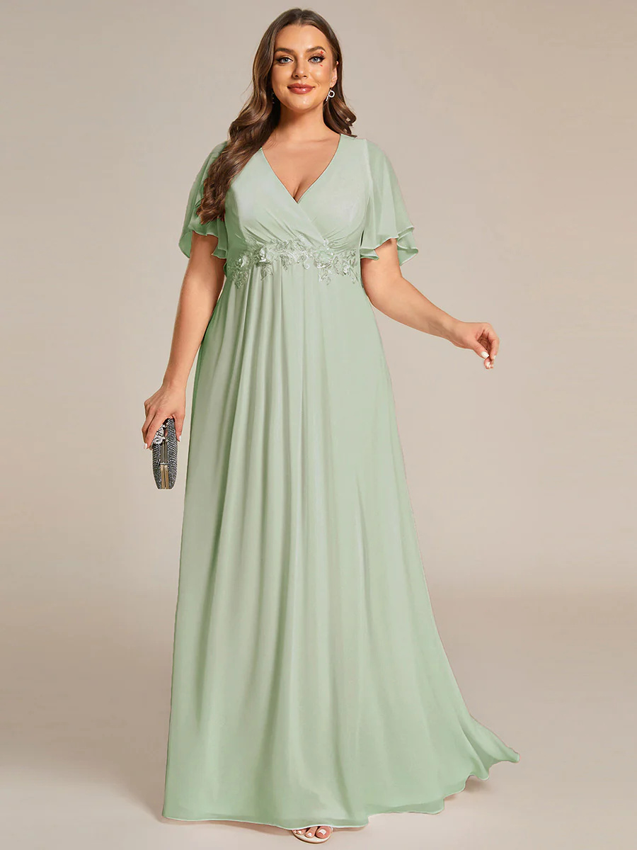 Elegant Plus V-Neck Appliques Pleated Bridesmaid Dress #EMEE01960