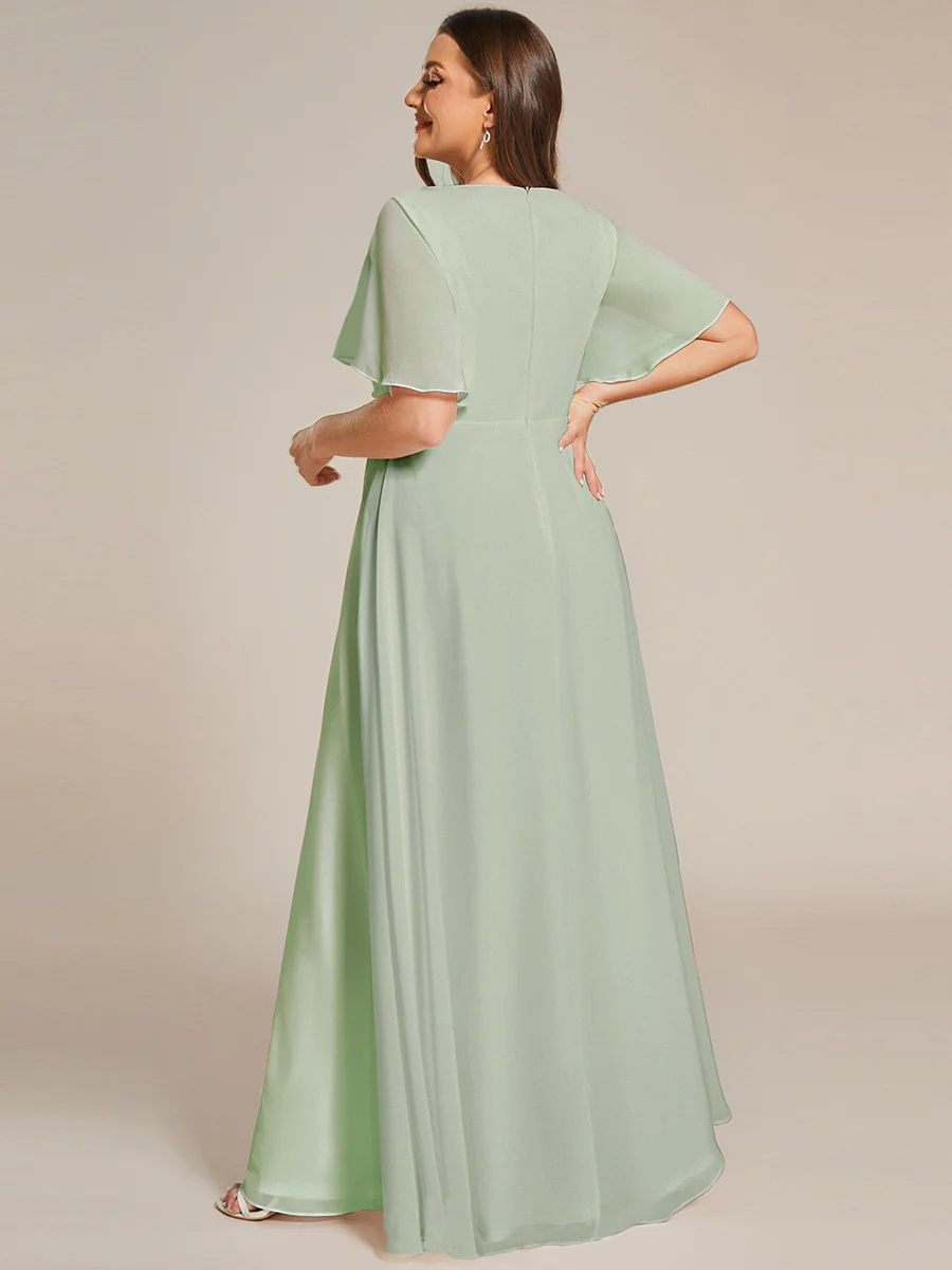 Elegant Plus V-Neck Appliques Pleated Bridesmaid Dress #EMEE01960