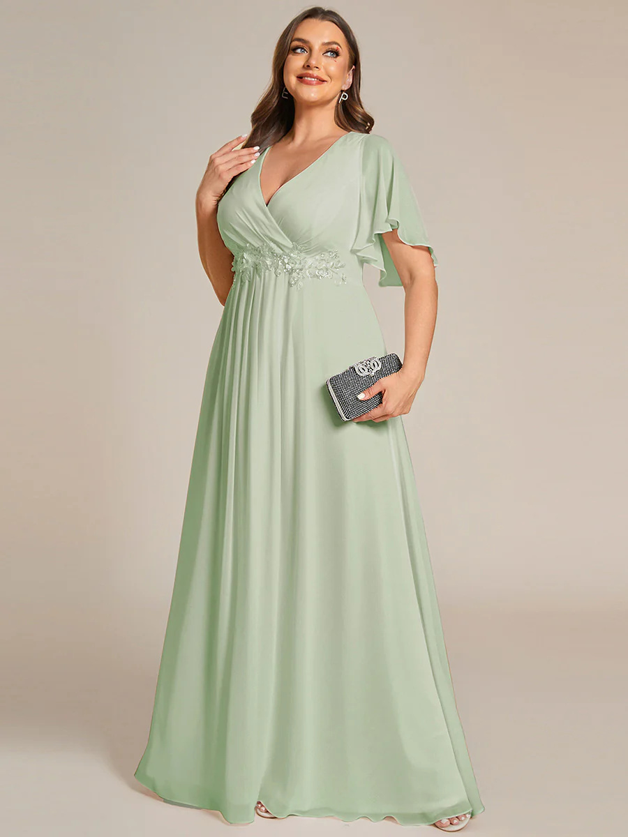 Elegant Plus V-Neck Appliques Pleated Bridesmaid Dress #EMEE01960