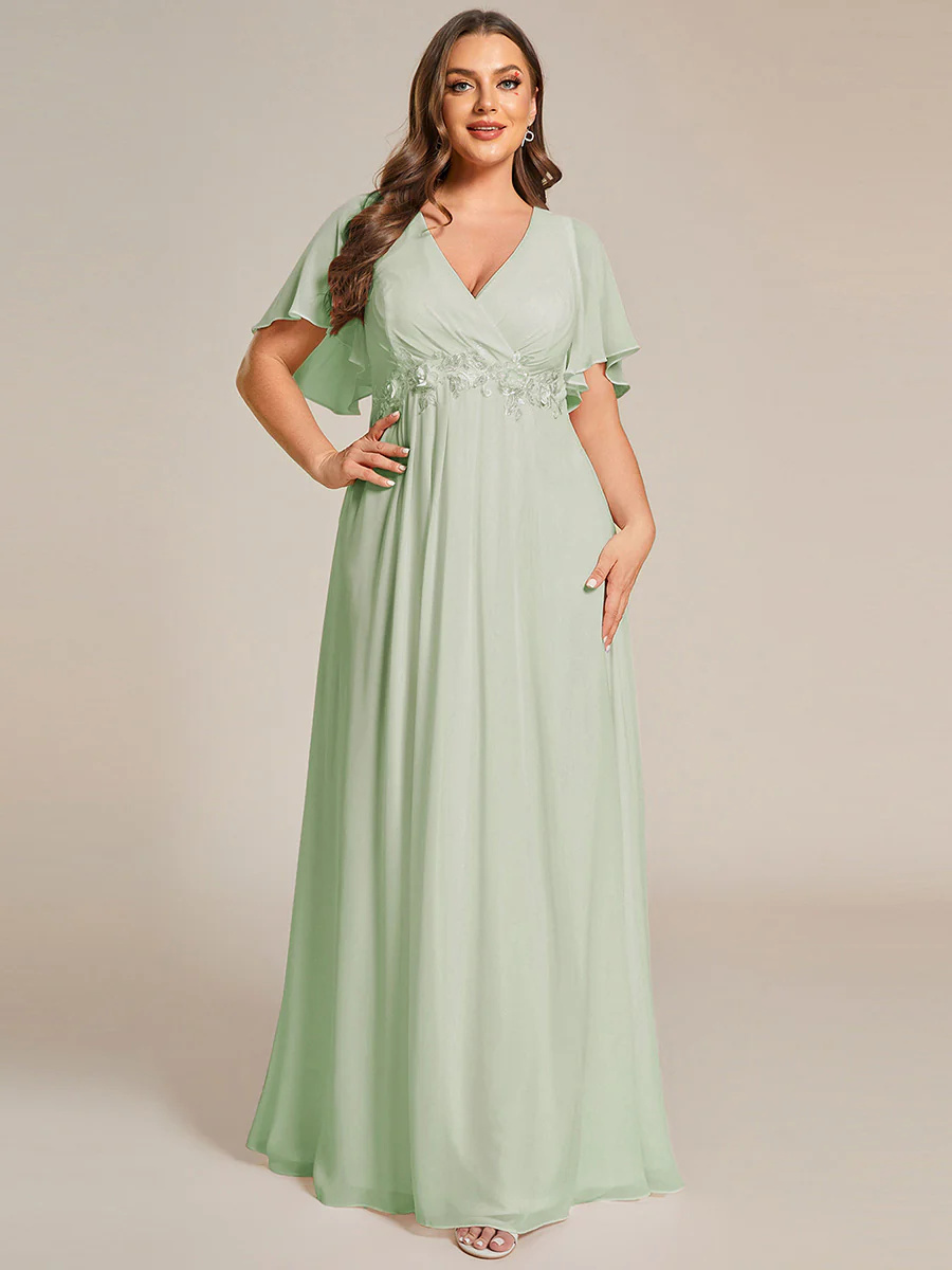 Elegant Plus V-Neck Appliques Pleated Bridesmaid Dress #EMEE01960