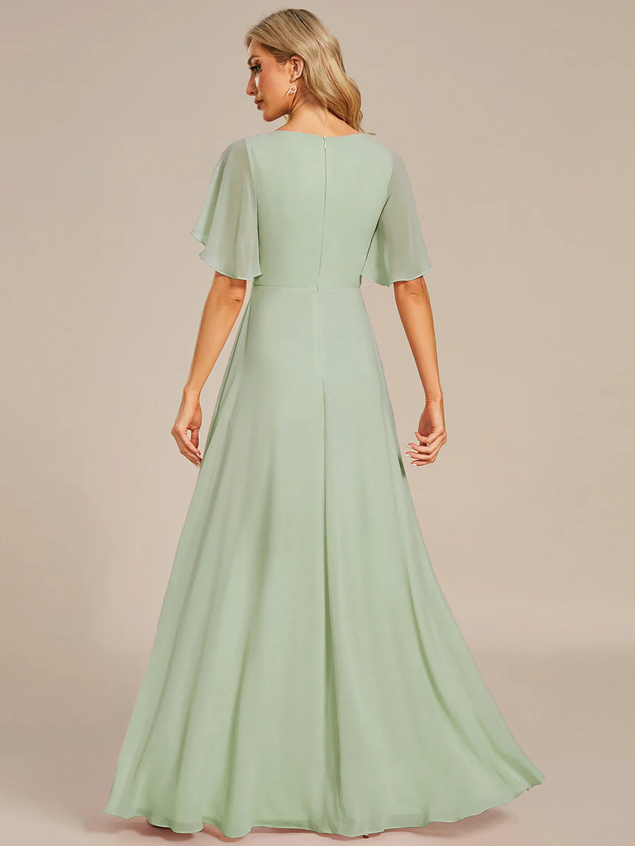A-line V Neck Lace Appliques Pleated Bridesmaid Dress #EMEE01960
