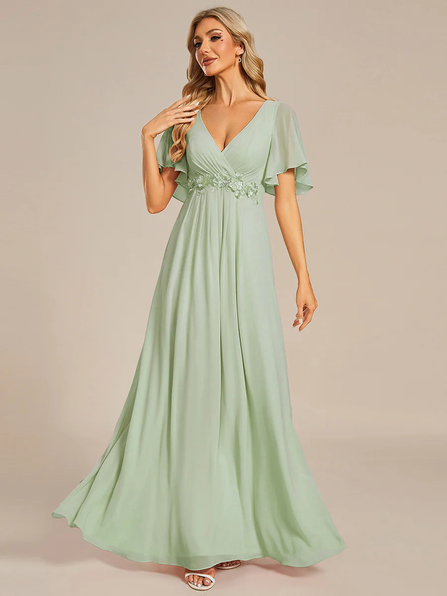 A-line V Neck Lace Appliques Pleated Bridesmaid Dress #EMEE01960