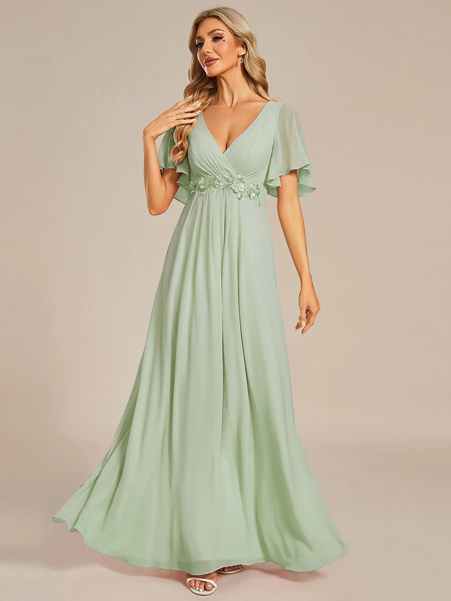 A-line V Neck Lace Appliques Pleated Bridesmaid Dress #EMEE01960