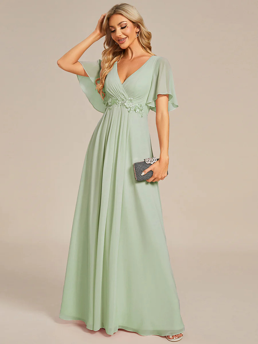 A-line V Neck Lace Appliques Pleated Bridesmaid Dress #EMEE01960