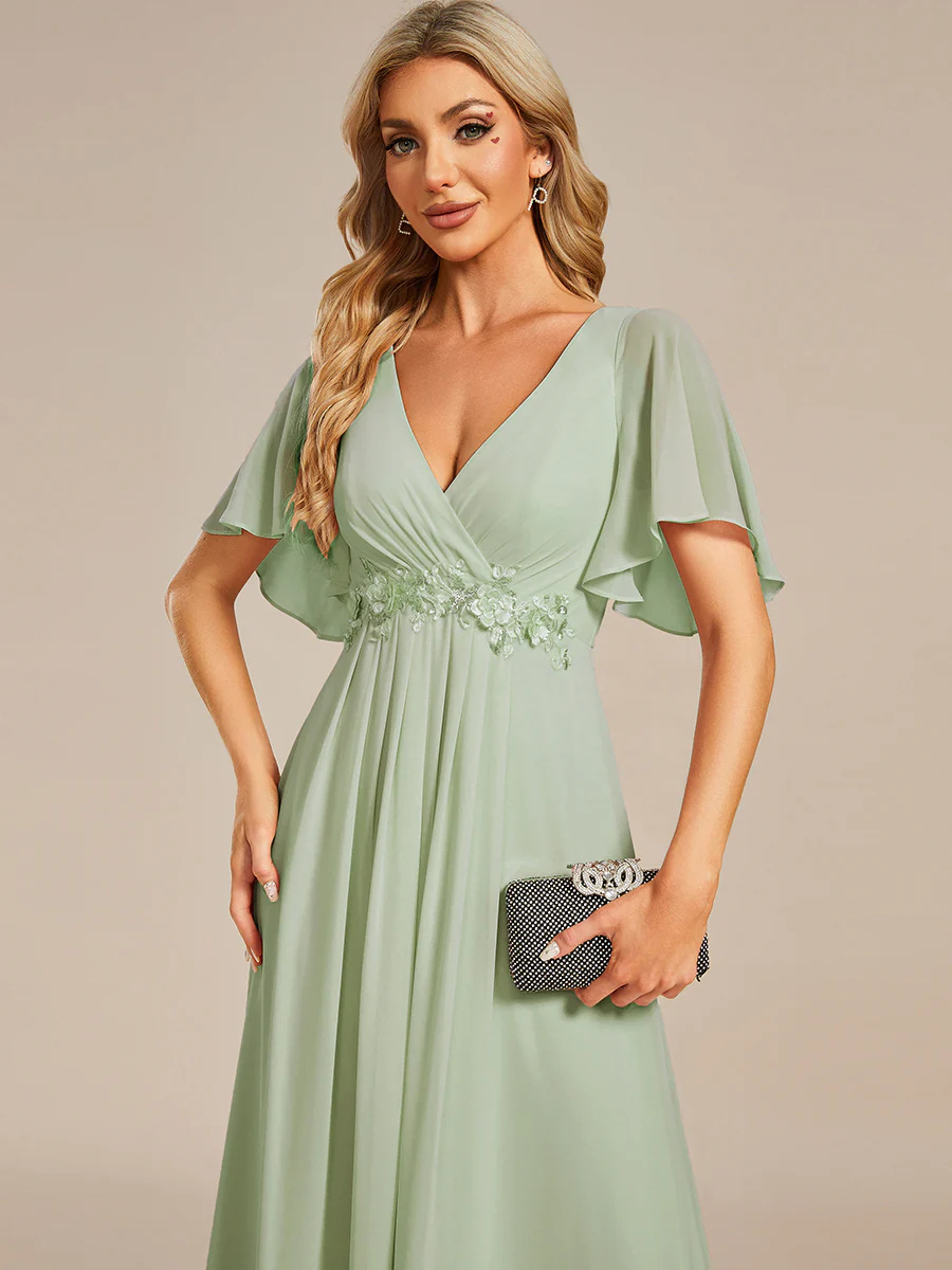 A-line V Neck Lace Appliques Pleated Bridesmaid Dress #EMEE01960