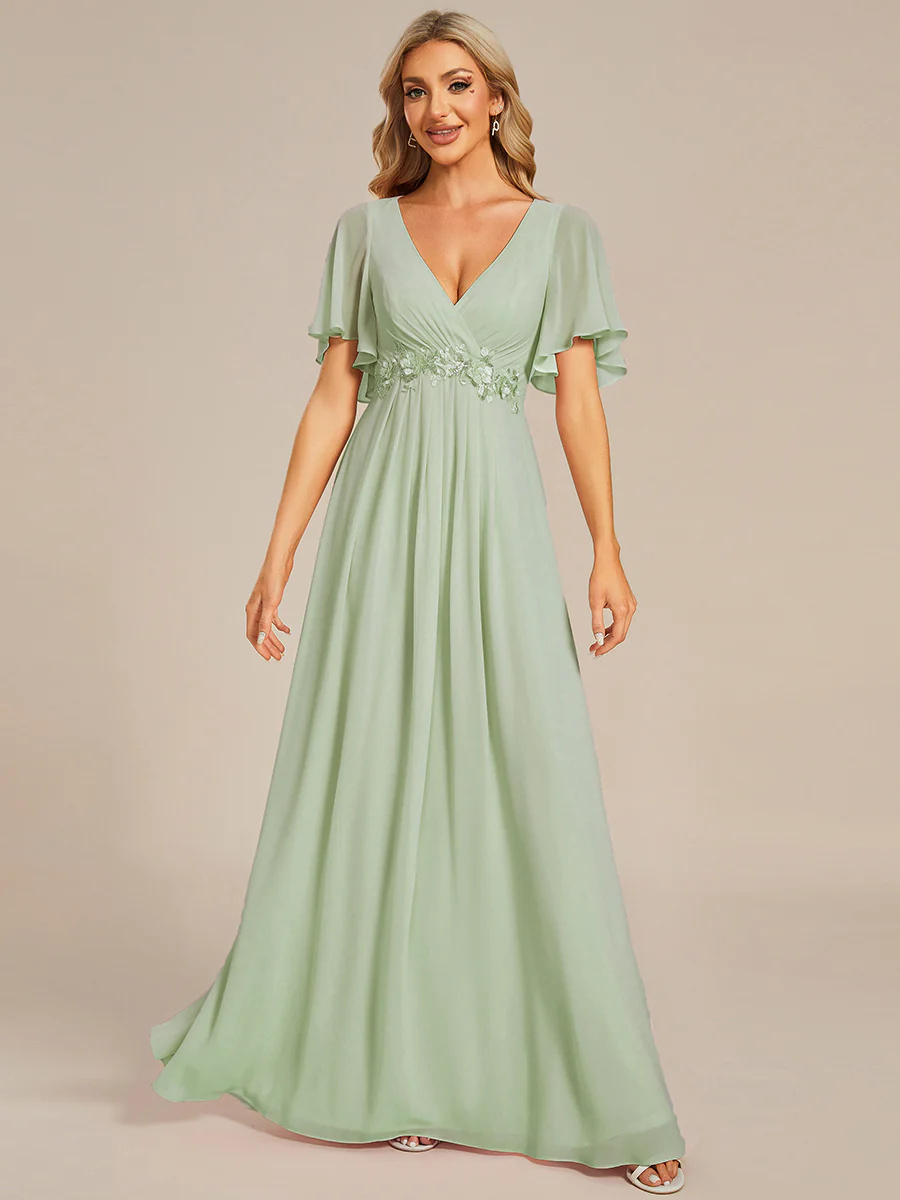 A-line V Neck Lace Appliques Pleated Bridesmaid Dress #EMEE01960