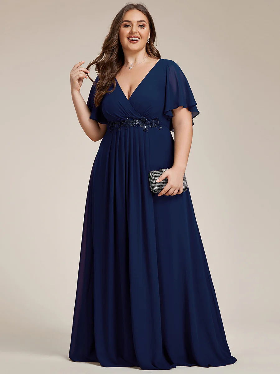 Elegant Plus V-Neck Appliques Pleated Bridesmaid Dress #EMEE01960