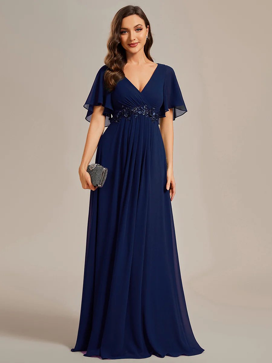 A-line V Neck Lace Appliques Pleated Bridesmaid Dress #EMEE01960