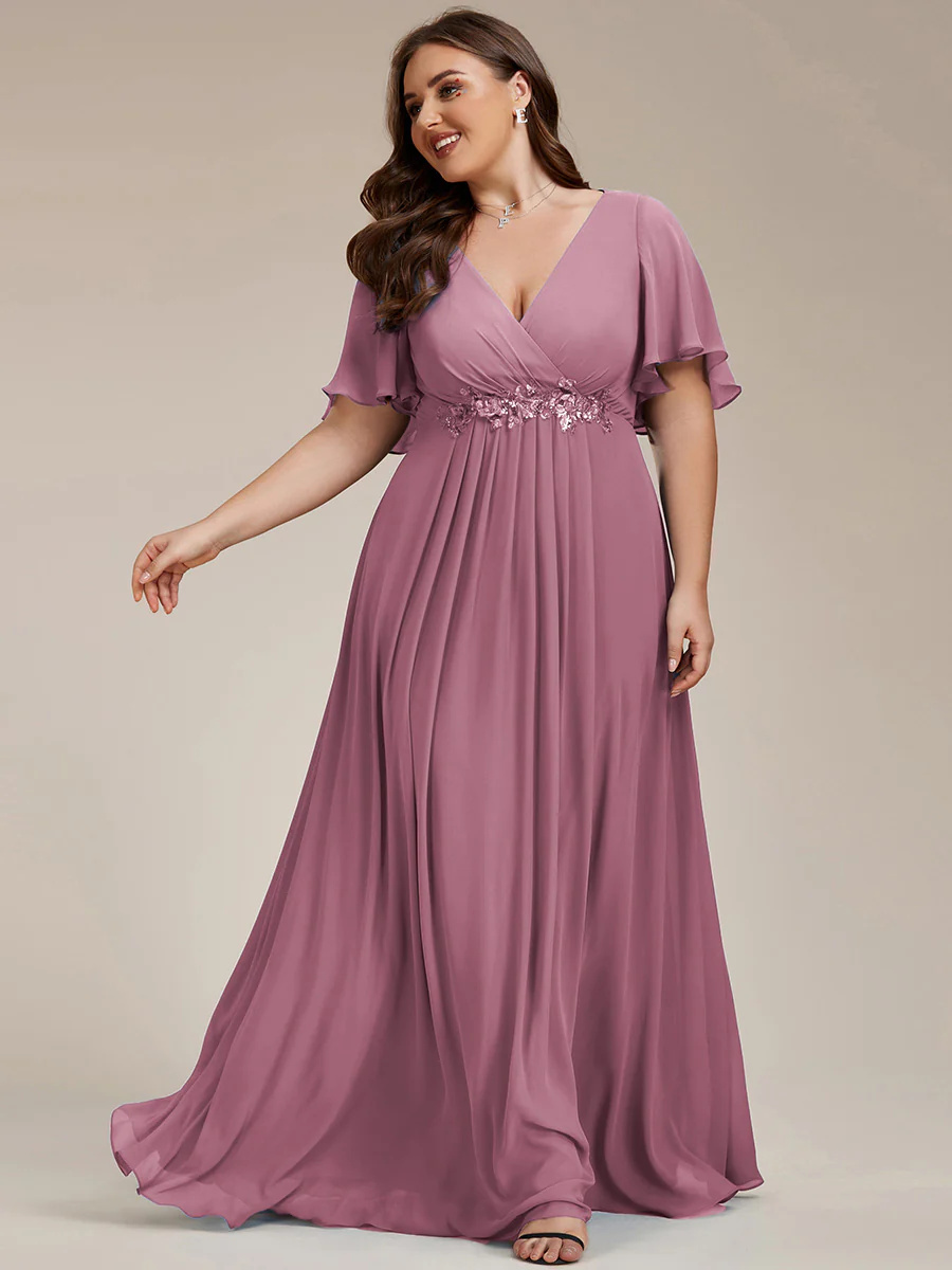 V-Neck Maxi Long Chiffon Waist Long Sleeves Bridesmaid Dress #EMEE01961