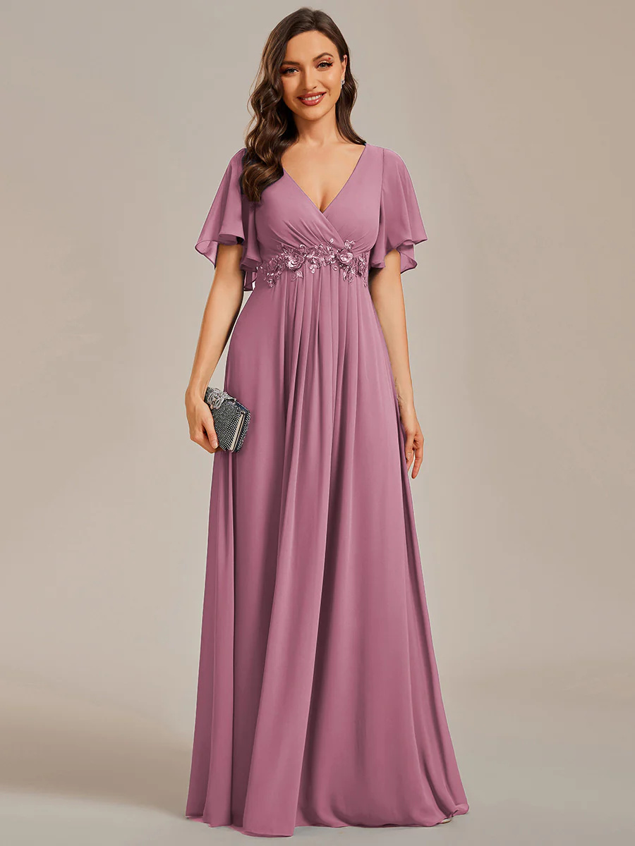 A-line V Neck Lace Appliques Pleated Bridesmaid Dress #EMEE01960