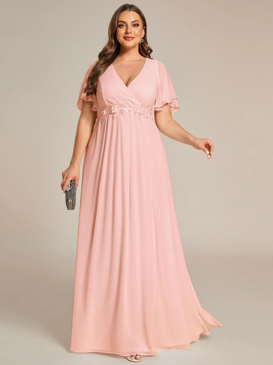 Elegant Plus V-Neck Appliques Pleated Bridesmaid Dress #EMEE01960