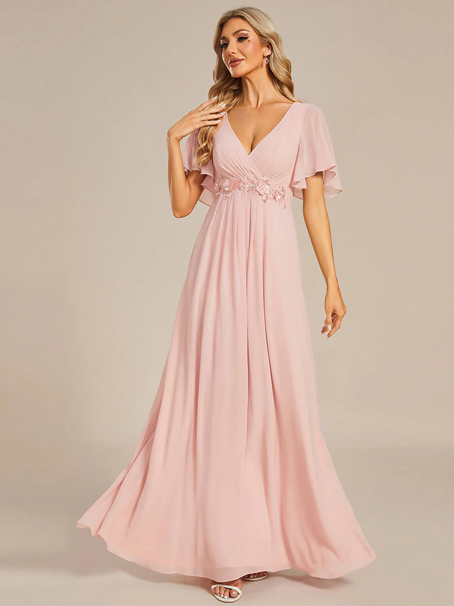 A-line V Neck Lace Appliques Pleated Bridesmaid Dress #EMEE01960