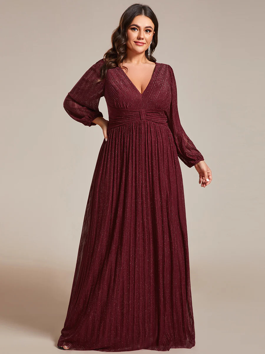 V-Neck Maxi Long Chiffon Waist Long Sleeves Bridesmaid Dress #EMEE01961