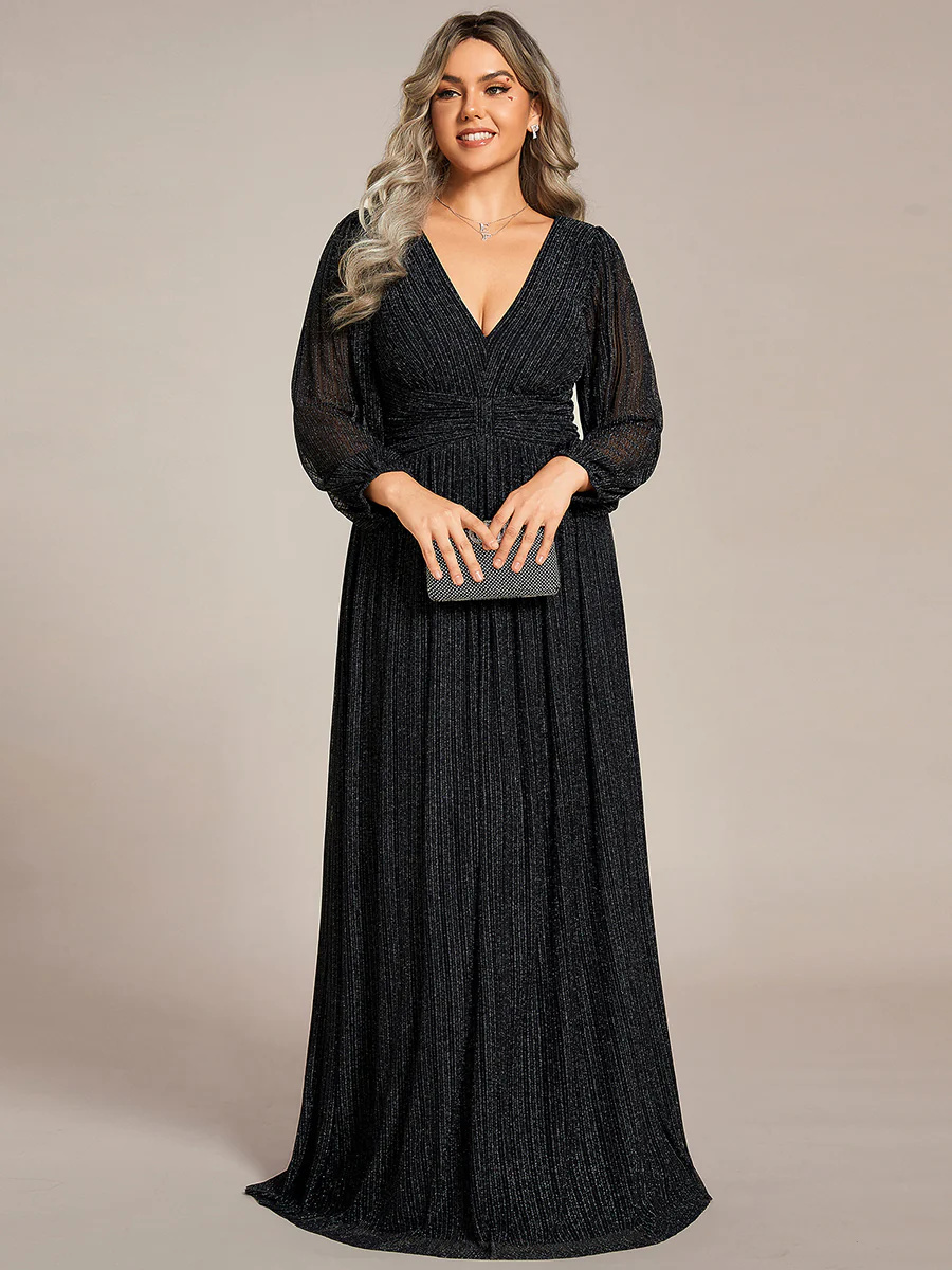 V-Neck Maxi Long Chiffon Waist Long Sleeves Bridesmaid Dress #EMEE01961
