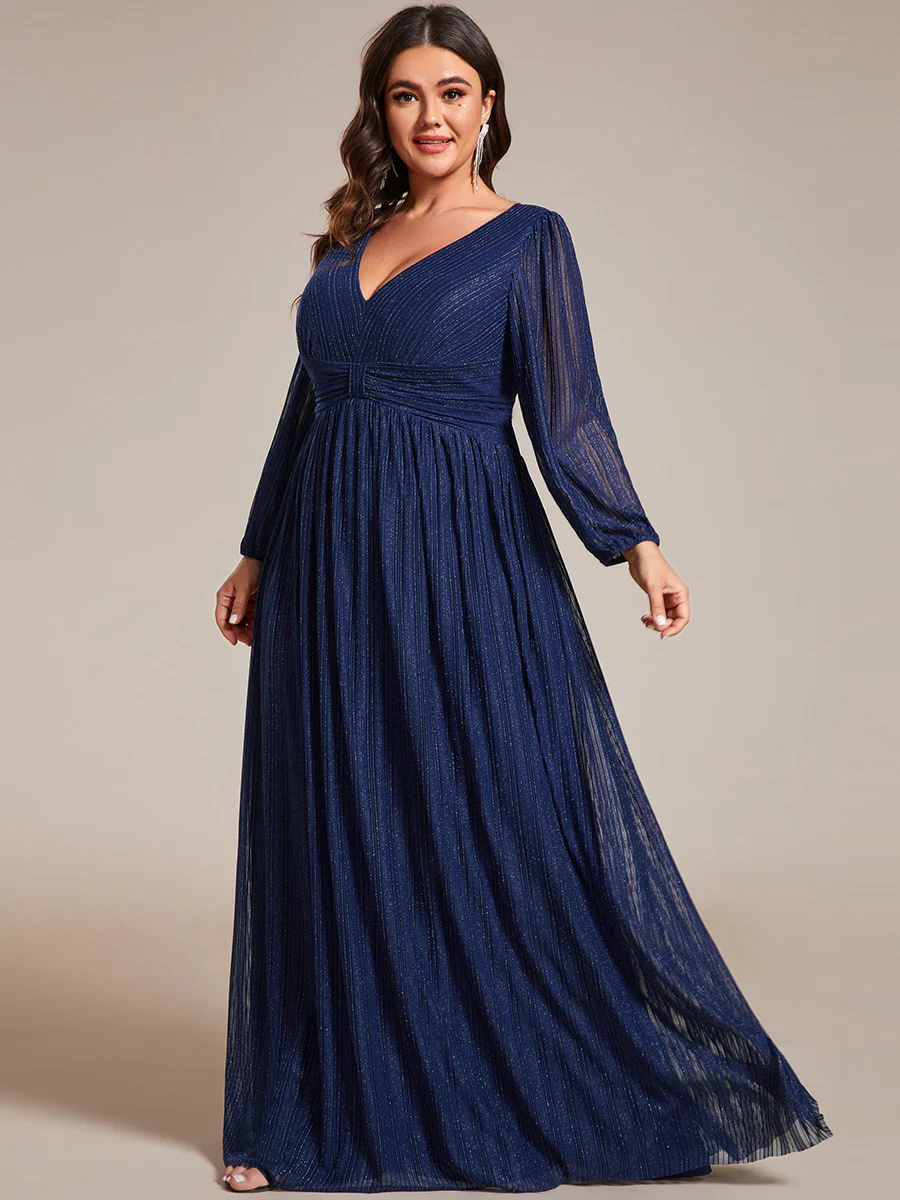 V-Neck Maxi Long Chiffon Waist Long Sleeves Bridesmaid Dress #EMEE01961