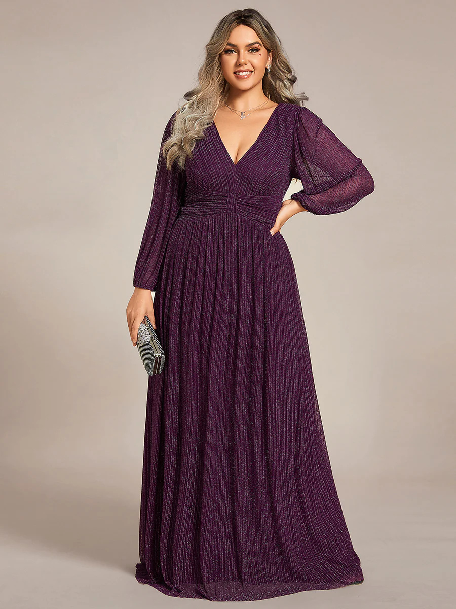 V-Neck Maxi Long Chiffon Waist Long Sleeves Bridesmaid Dress #EMEE01961