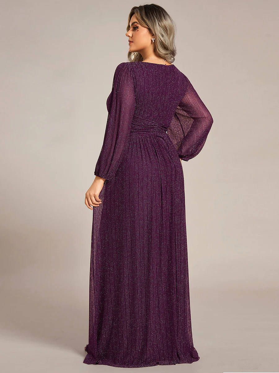 V-Neck Maxi Long Chiffon Waist Long Sleeves Bridesmaid Dress #EMEE01961