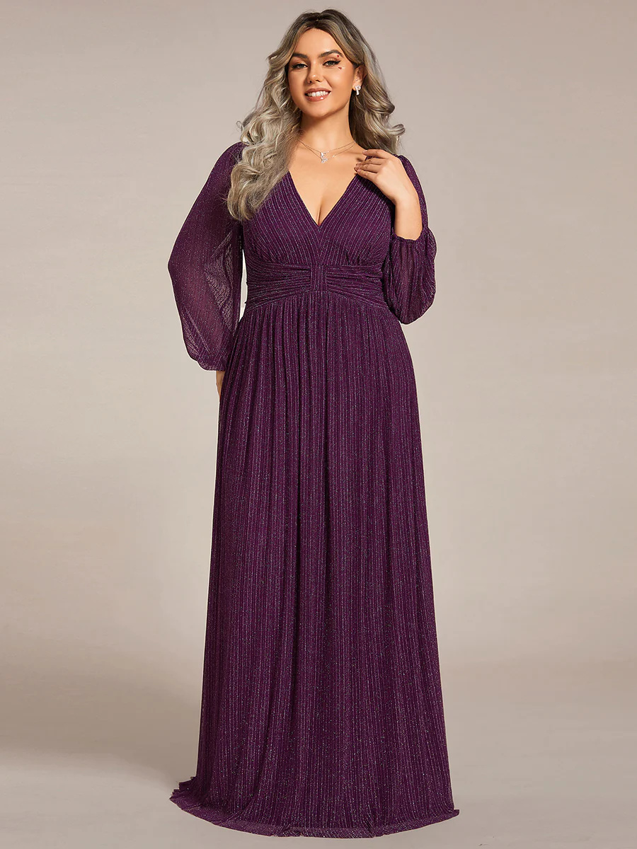 V-Neck Maxi Long Chiffon Waist Long Sleeves Bridesmaid Dress #EMEE01961