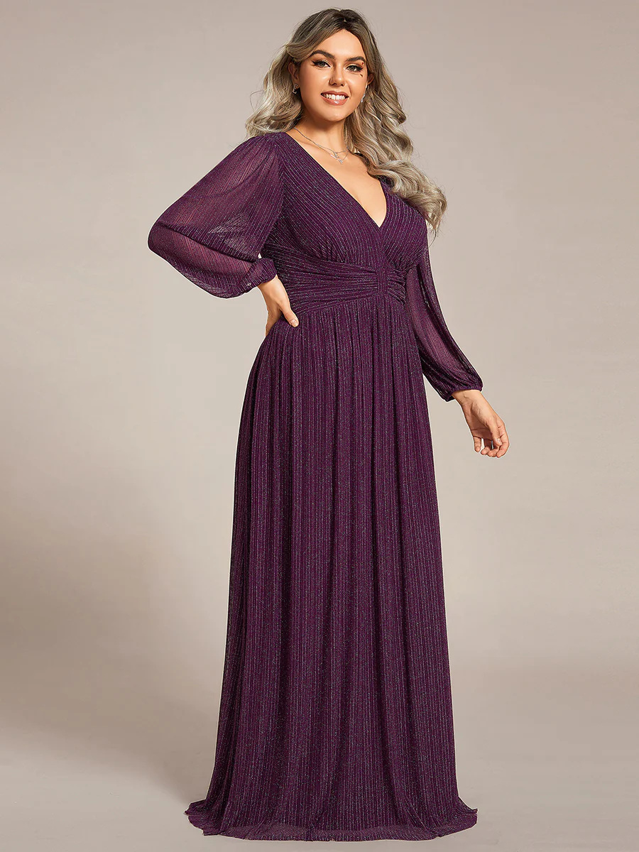V-Neck Maxi Long Chiffon Waist Long Sleeves Bridesmaid Dress #EMEE01961