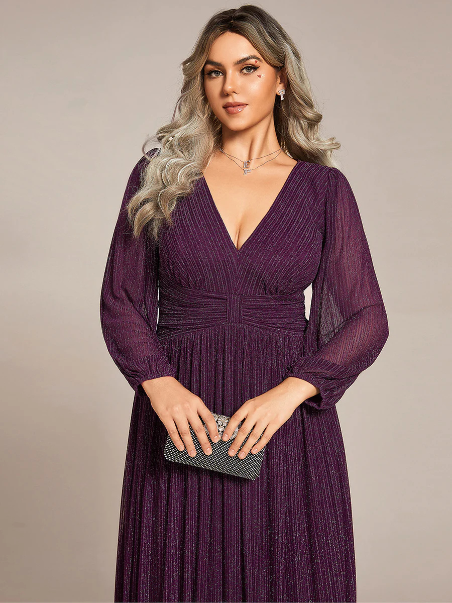 V-Neck Maxi Long Chiffon Waist Long Sleeves Bridesmaid Dress #EMEE01961