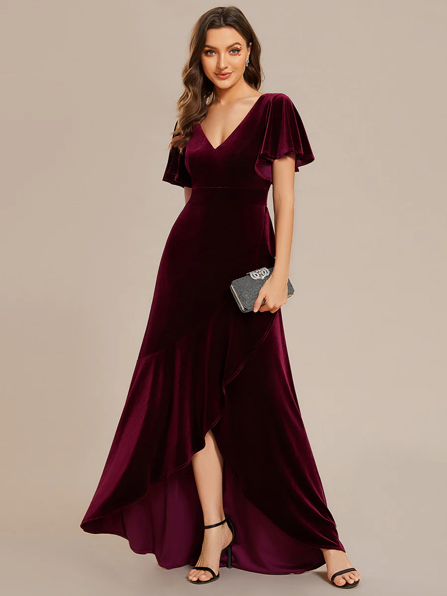 Lotus Leaf Ruffles High-low V Neck Bridesmaid Dress with Short Sleeves #EMEE02041