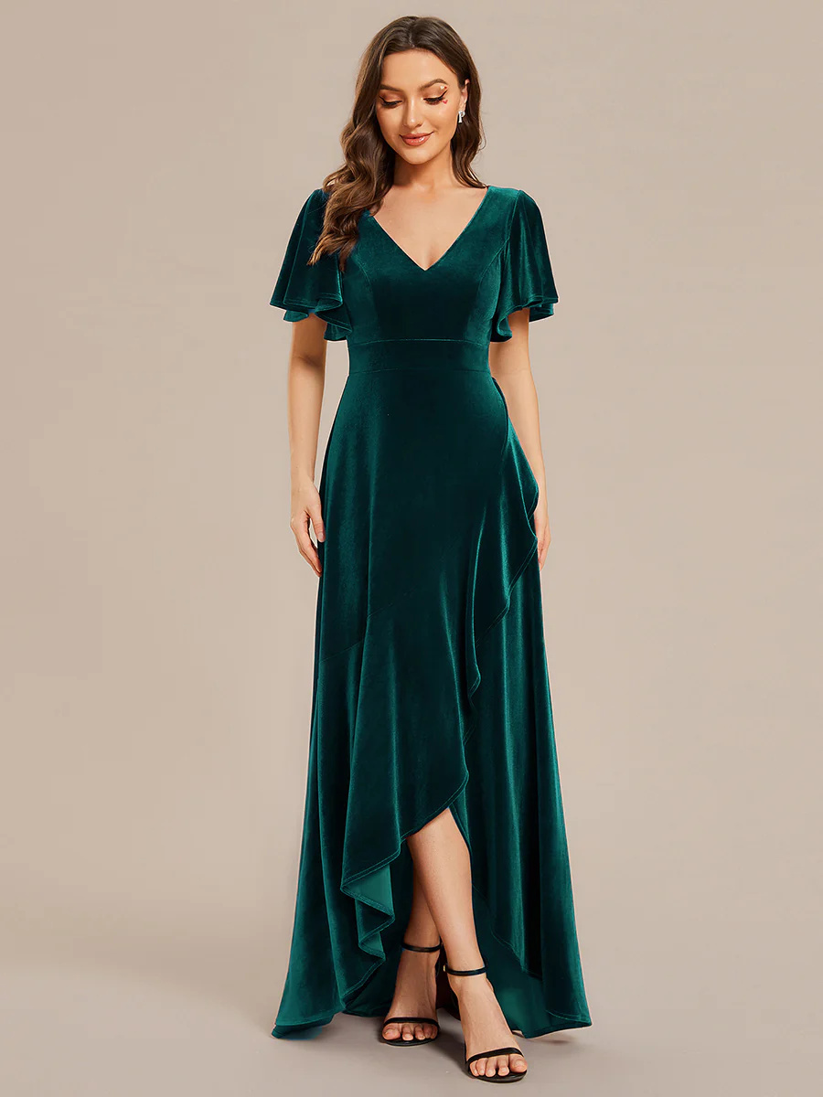 Lotus Leaf Ruffles High-low V Neck Bridesmaid Dress with Short Sleeves #EMEE02041