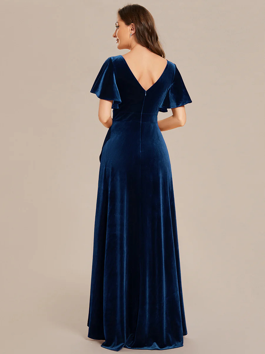 Lotus Leaf Ruffles High-low V Neck Bridesmaid Dress with Short Sleeves #EMEE02041