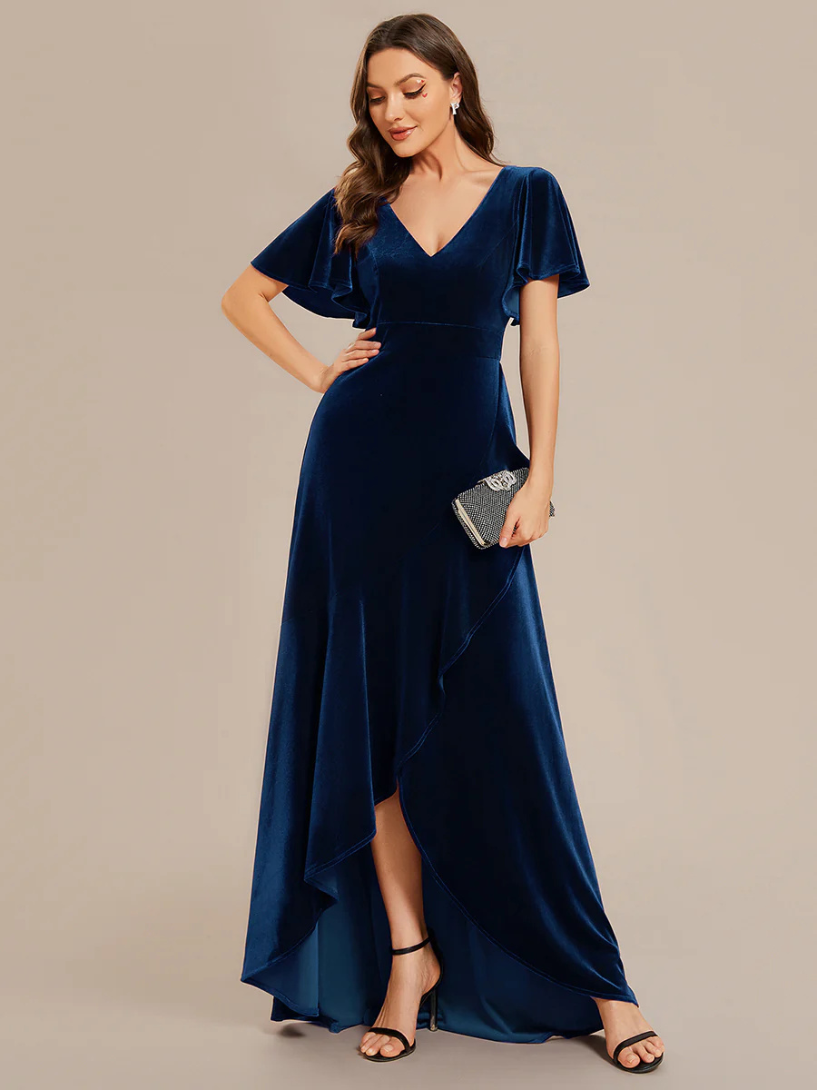 Lotus Leaf Ruffles High-low V Neck Bridesmaid Dress with Short Sleeves #EMEE02041