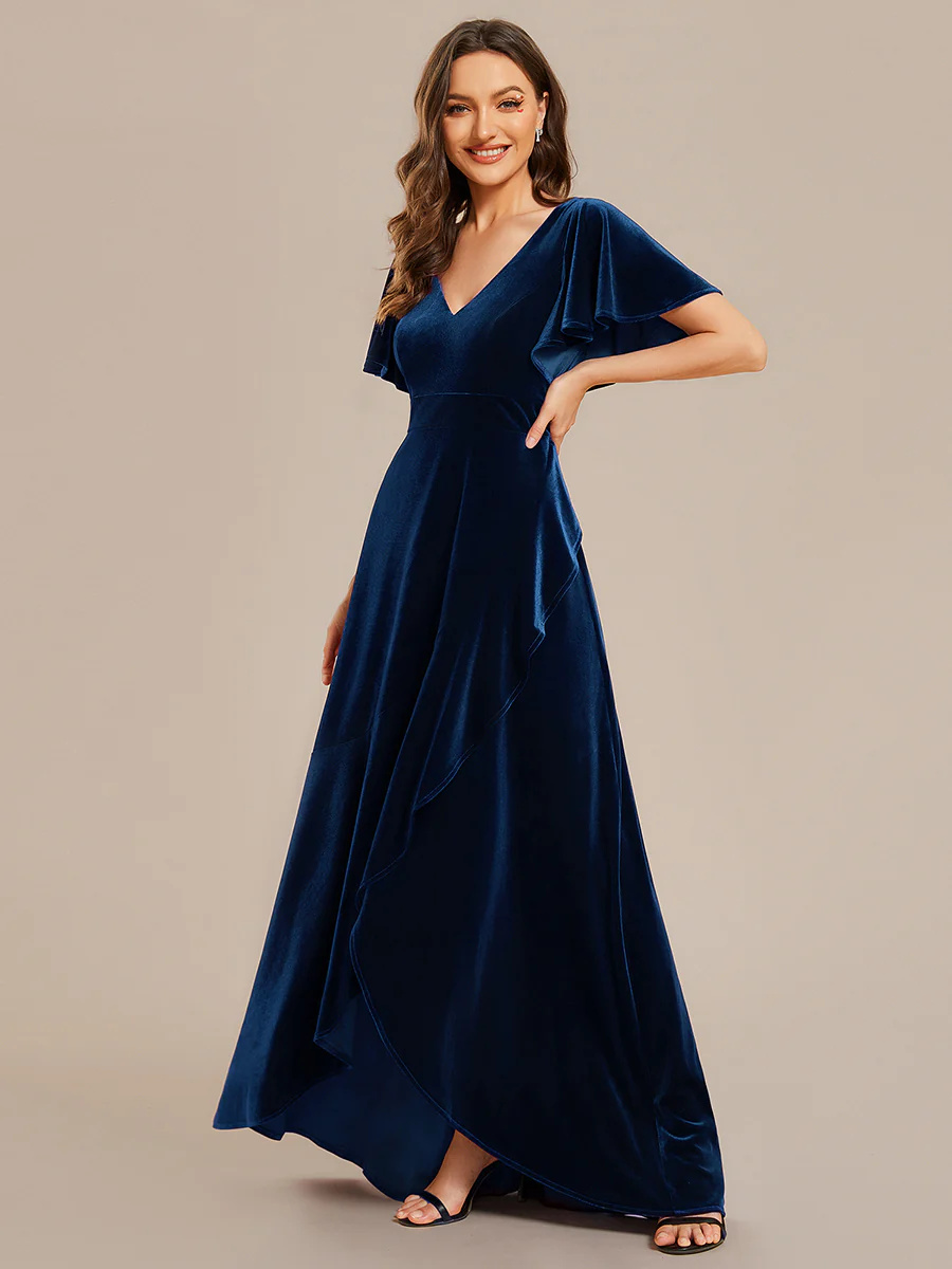 Lotus Leaf Ruffles High-low V Neck Bridesmaid Dress with Short Sleeves #EMEE02041