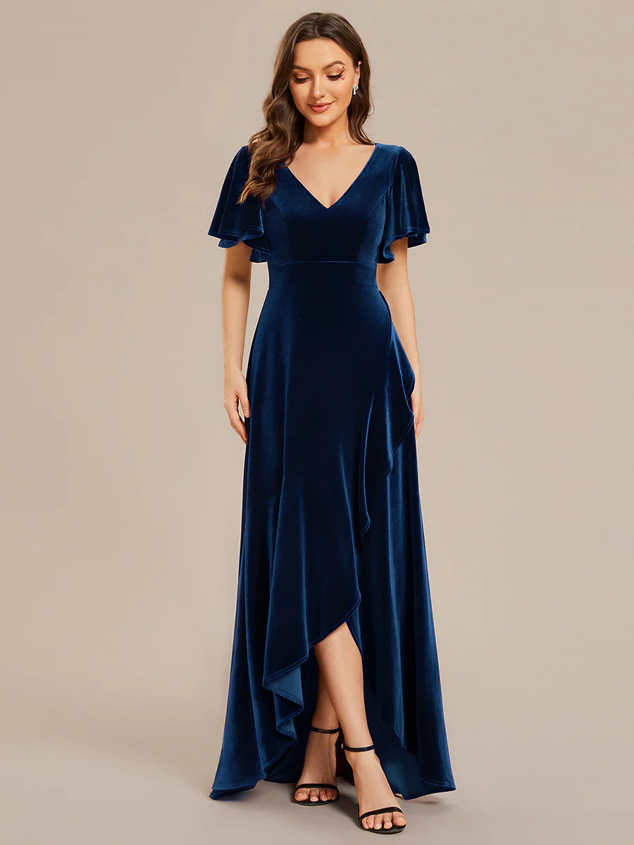 Lotus Leaf Ruffles High-low V Neck Bridesmaid Dress with Short Sleeves